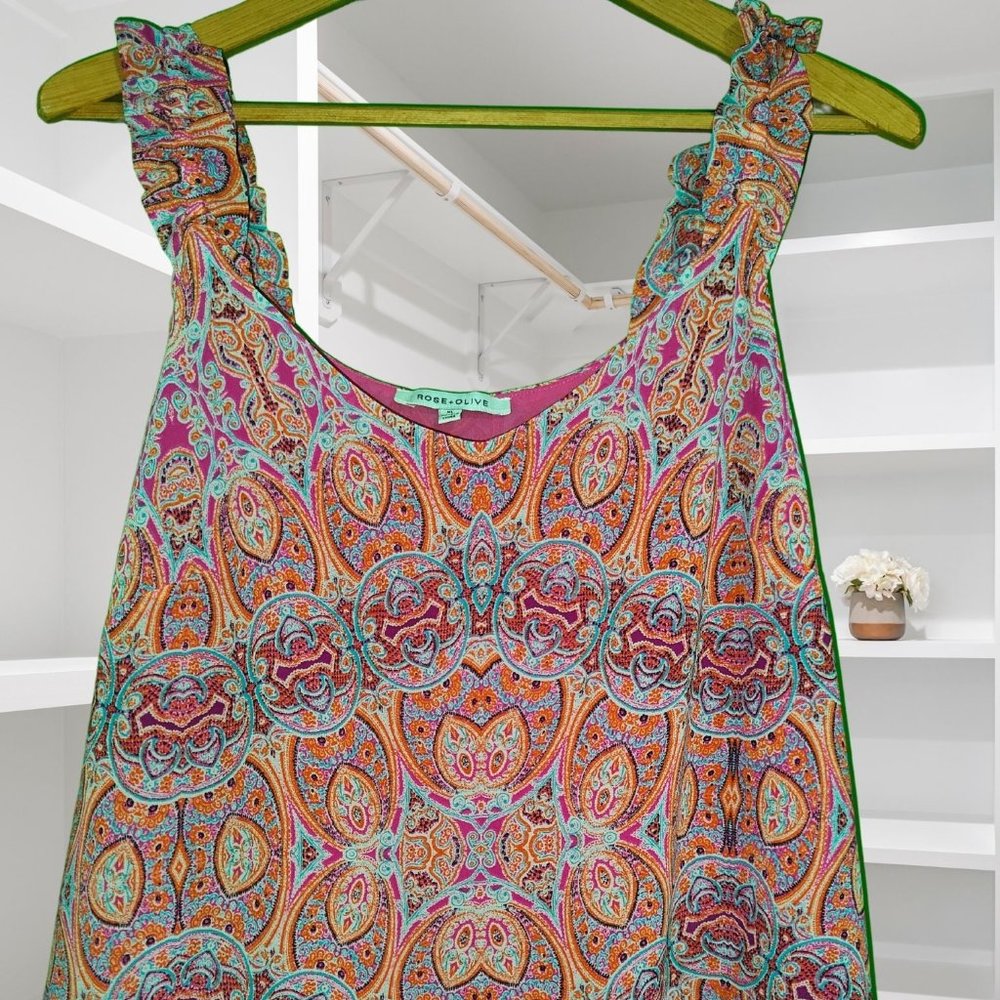 Rose & Olive Pink & Orange Strappy Paisley Pattern Tank - Size XL